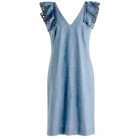 J. Crew Chambray ruffle-shoulder v neck sleeveless sheath dress blue 12 … - Picture 2 of 9